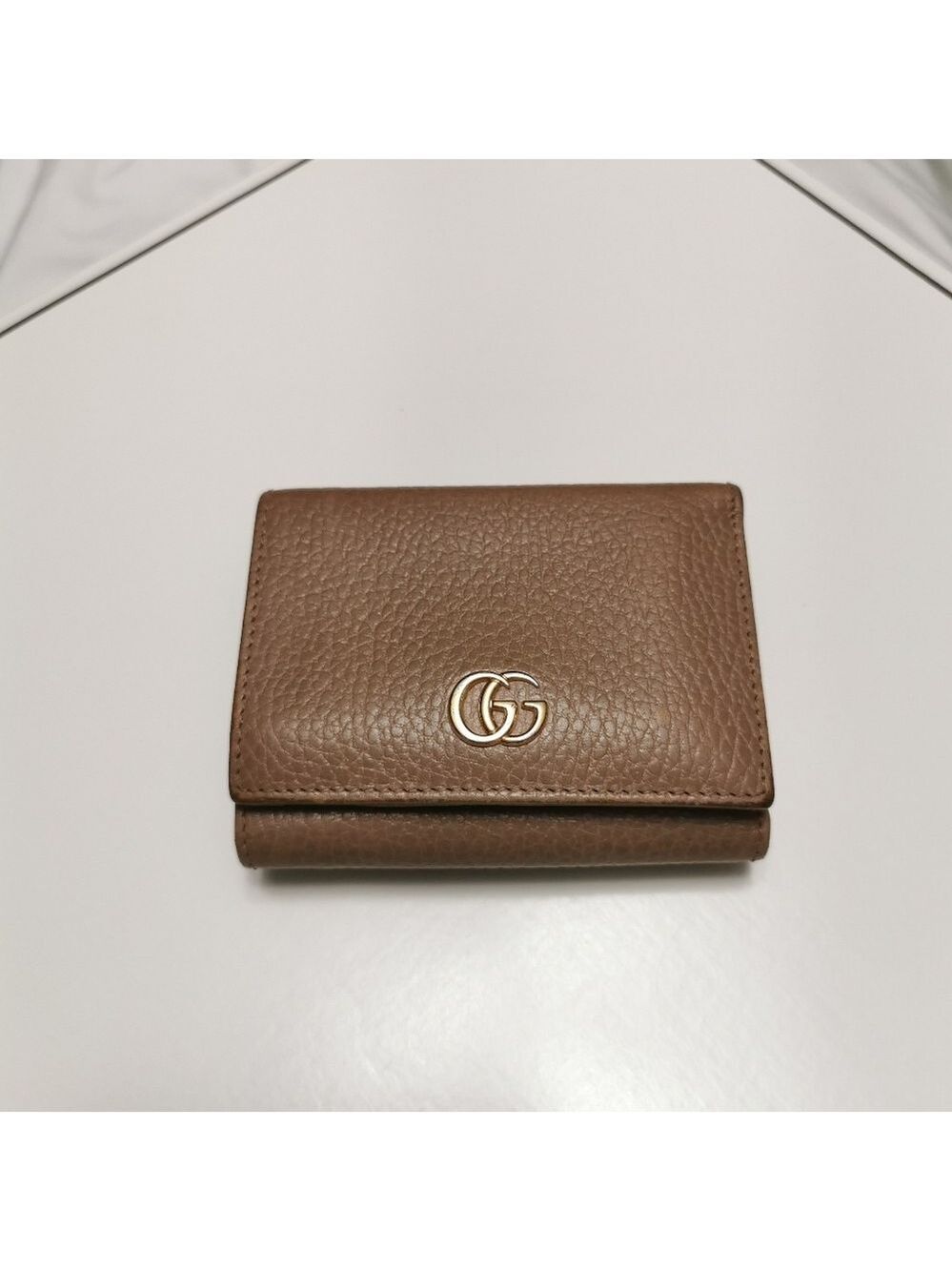 Gucci Marmont Trifold Wallet Leather Taupe Beige Gold Hardware